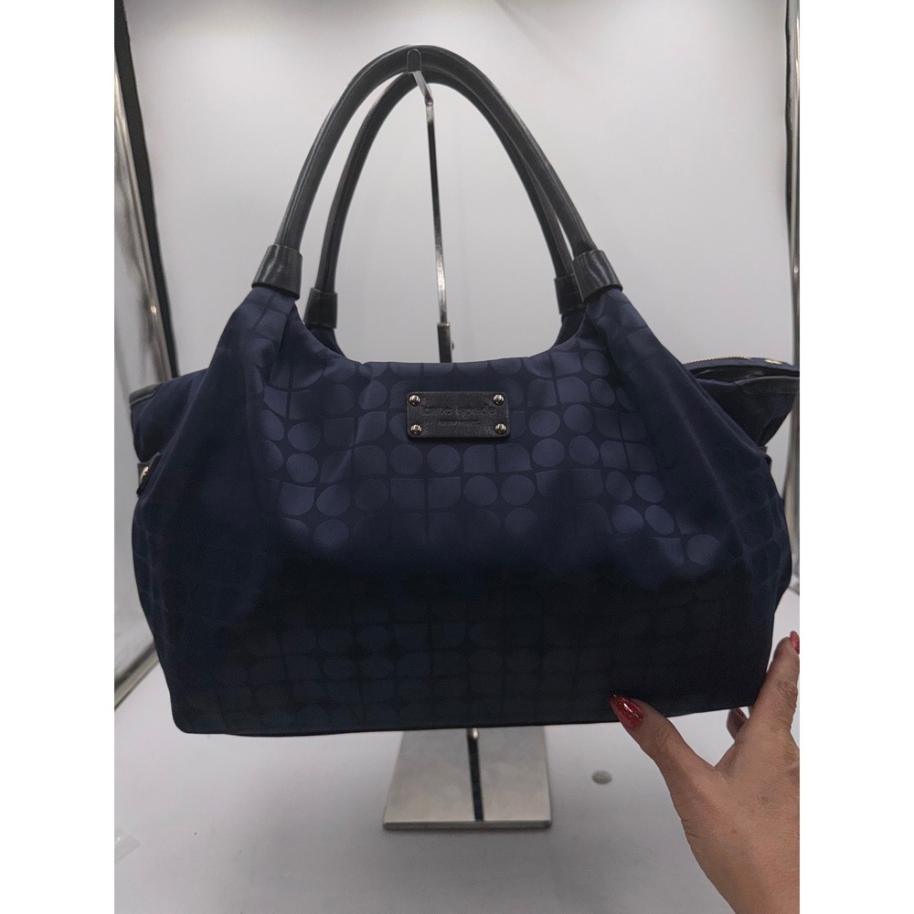 Kate Spade New York Navy Blue Jacquard Nylon Spade Pattern Shoulder Bag Tote - Picture 4 of 15